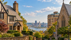 older buildings with slate roofs in Pittsburgh overlooking the skyline